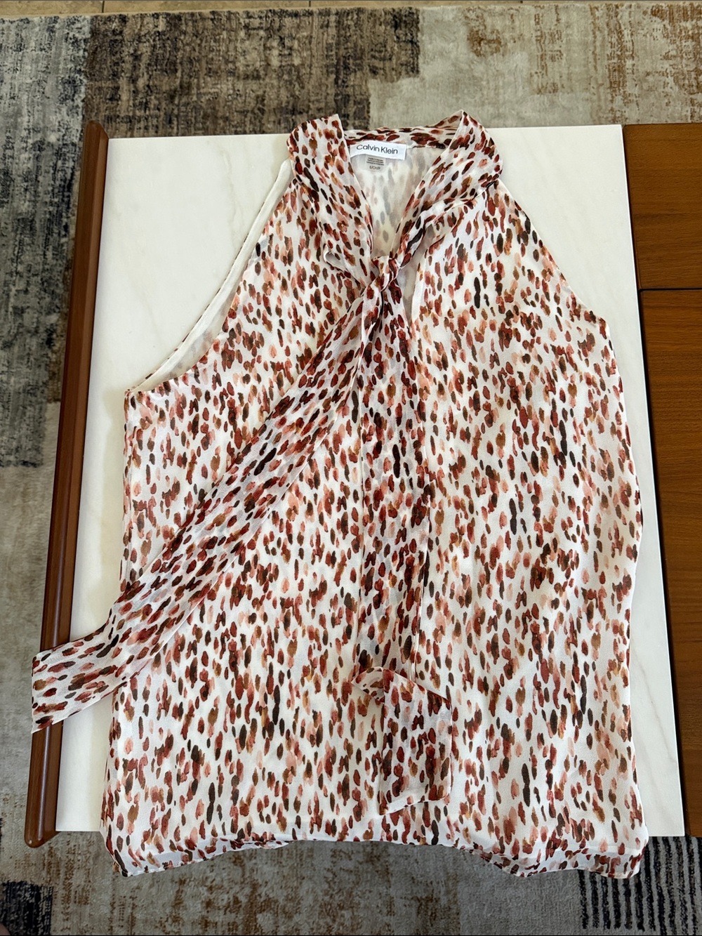 Calvin Klein White Sleeveless Blouse with Rust and Brown Spot Print